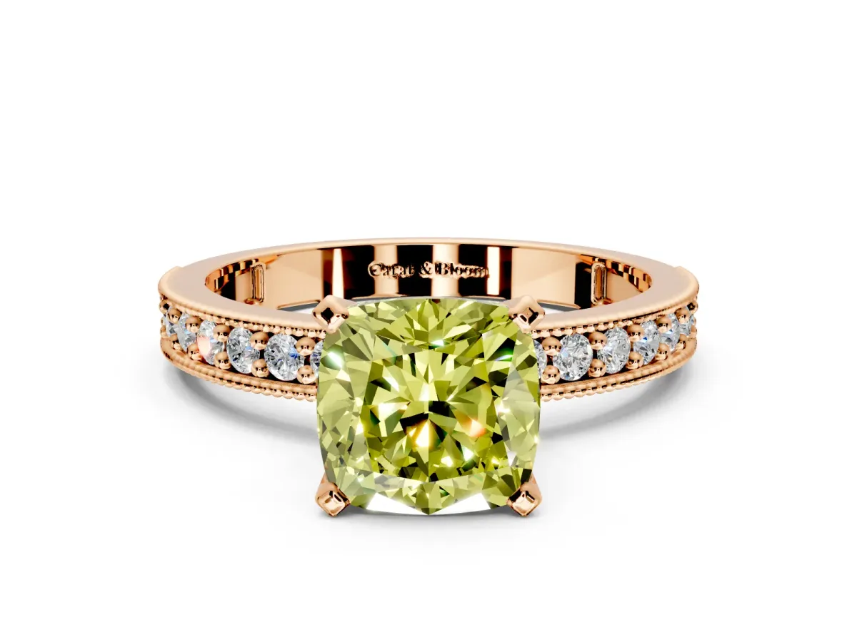 Milgrain Pave Engagement Ring Setting for Fancy Yellow Cushion Cut Center with Accent Band and Prong Head in Rose Gold