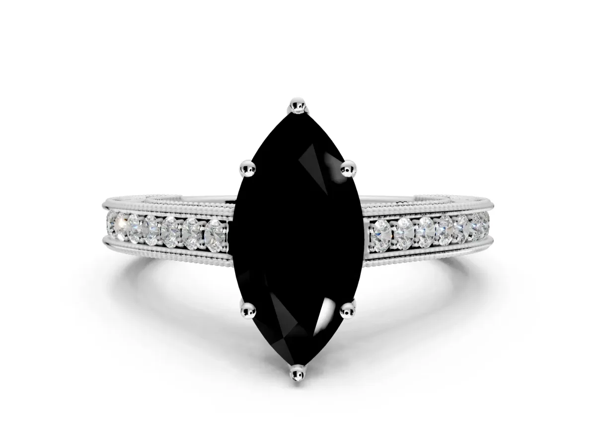 Solitaire Engagement Ring Setting for Fancy Black Marquise Center with Engraved Pave Band and Prong Head in Platinum
