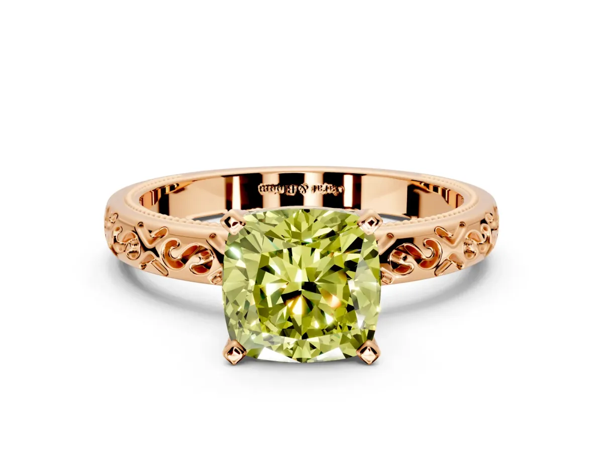 Solitaire Engagement Ring Setting for Fancy Yellow Cushion Cut Center with Scrollwork Band and Prong Head in Rose Gold
