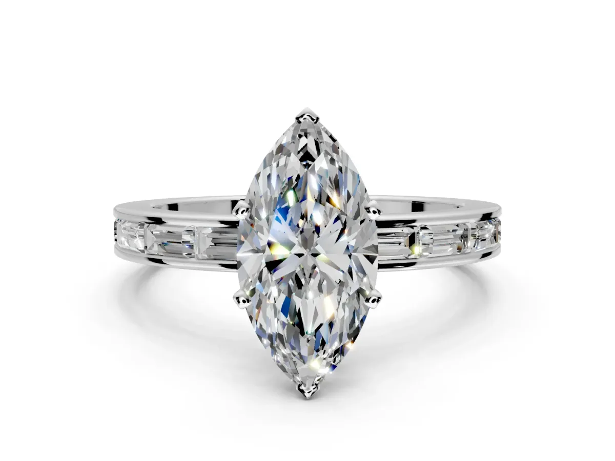 Solitaire Engagement Ring Setting for Marquise Center with Channel Baguette Band and Prong Head in Platinum