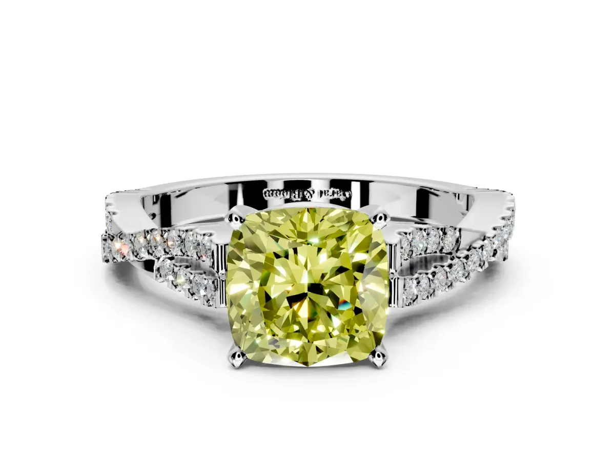 Solitaire Engagement Ring Setting for Fancy Yellow Cushion Cut Center with Twisted Pave Split Shank and Prong Head in Platinum