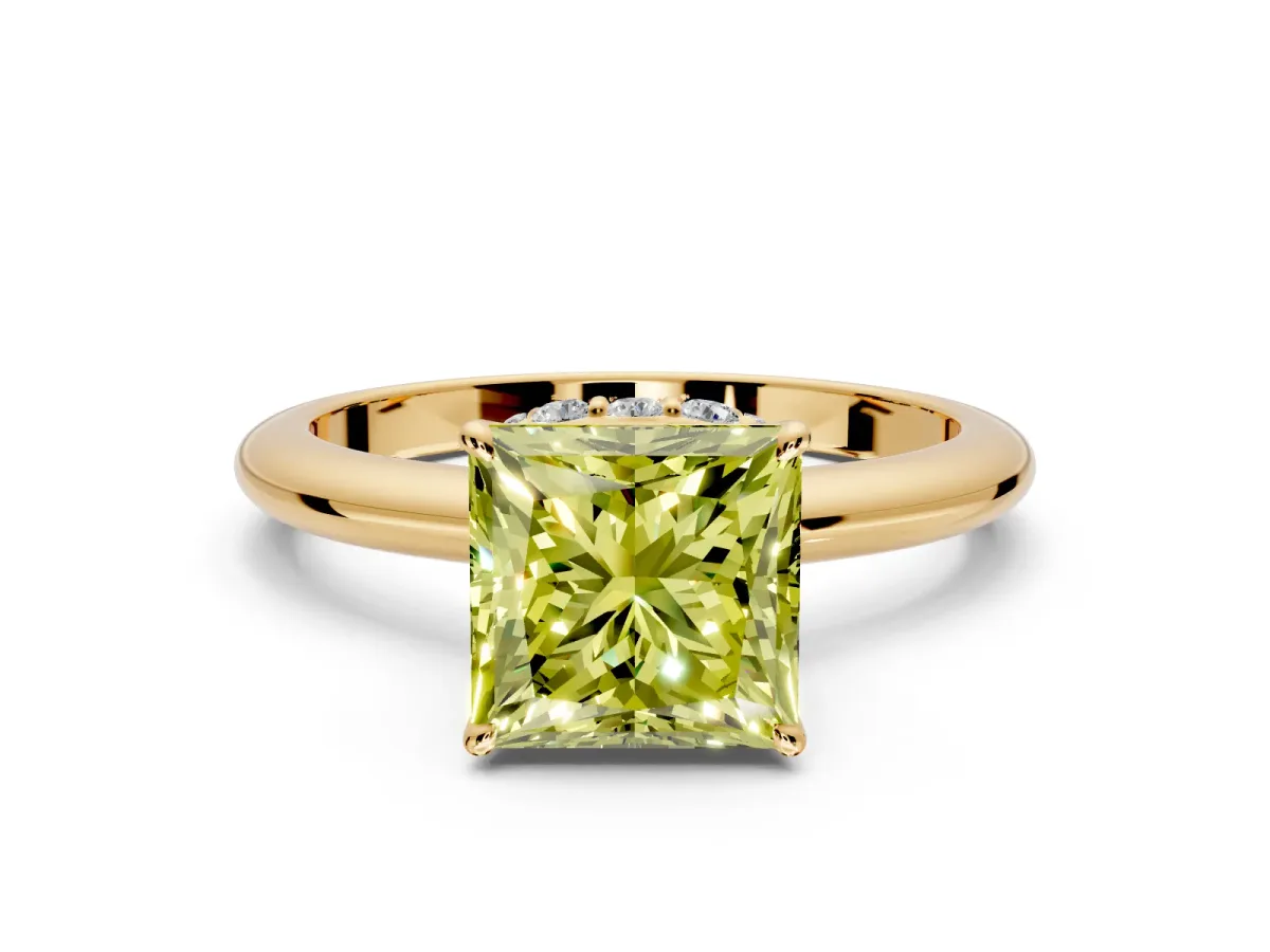 Hidden Halo Engagement Ring Setting for Fancy Yellow Princess Cut Center with Plain Rounded Band and Prong Head in Yellow Gold