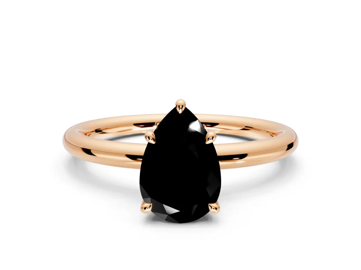 Hidden Halo Engagement Ring Setting for Fancy Black Pear-Shaped Center with Thin Rounded Band and Prong Head in Rose Gold
