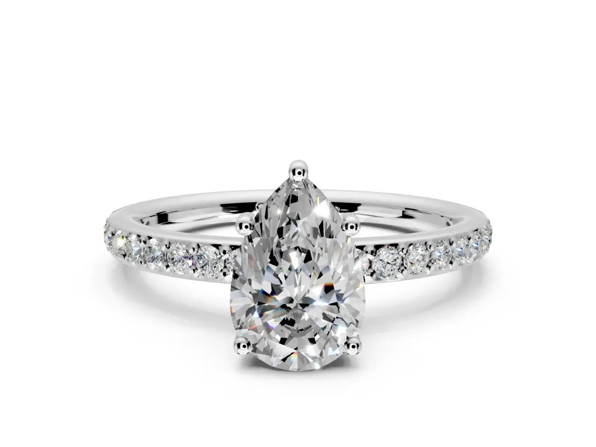 Solitaire Engagement Ring Setting for Pear-Shaped Center with Fine Pave Band and Prong Head in Platinum