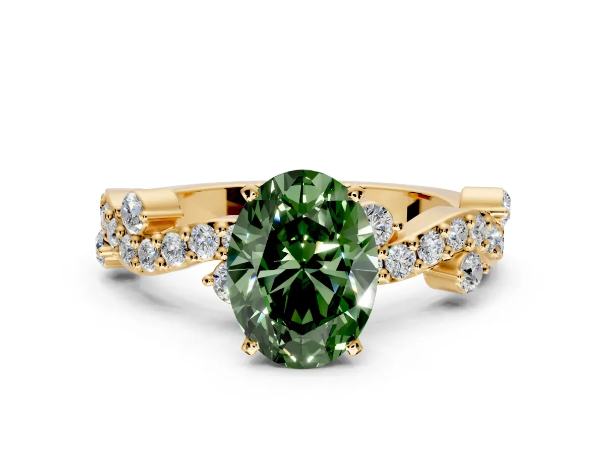 Solitaire Engagement Ring Setting for Fancy Green Oval Center with Bar-Station Pave Twist and Prong Head in Yellow Gold