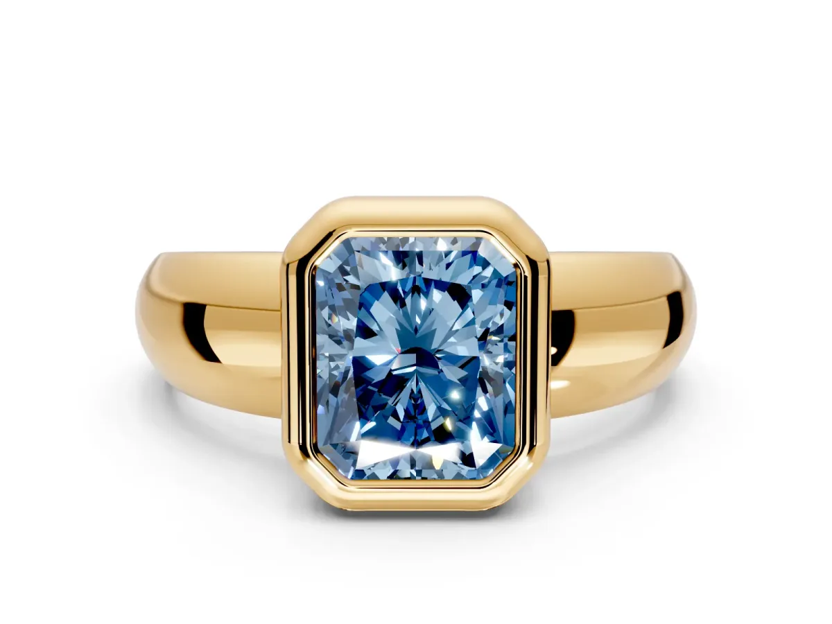 Solitaire Engagement Ring Setting for Fancy Blue Radiant Cut Center with Wide Band and Bezel Head in Yellow Gold