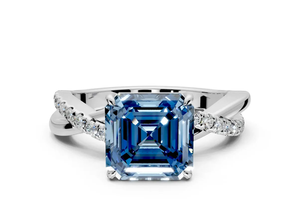 Crossover Engagement Ring Setting for Fancy Blue Asscher Cut Center with Pave and Plain Strands and Prong Head in Sterling Silver
