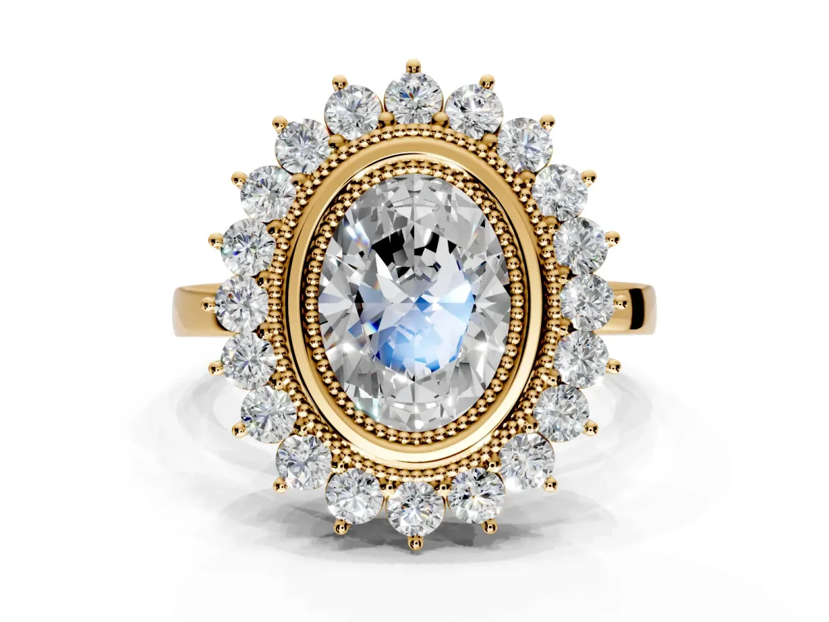 Halo Engagement Ring Setting for Oval Center with Milgrain Bezel Rim, Plain Band and Prong Head in Yellow Gold