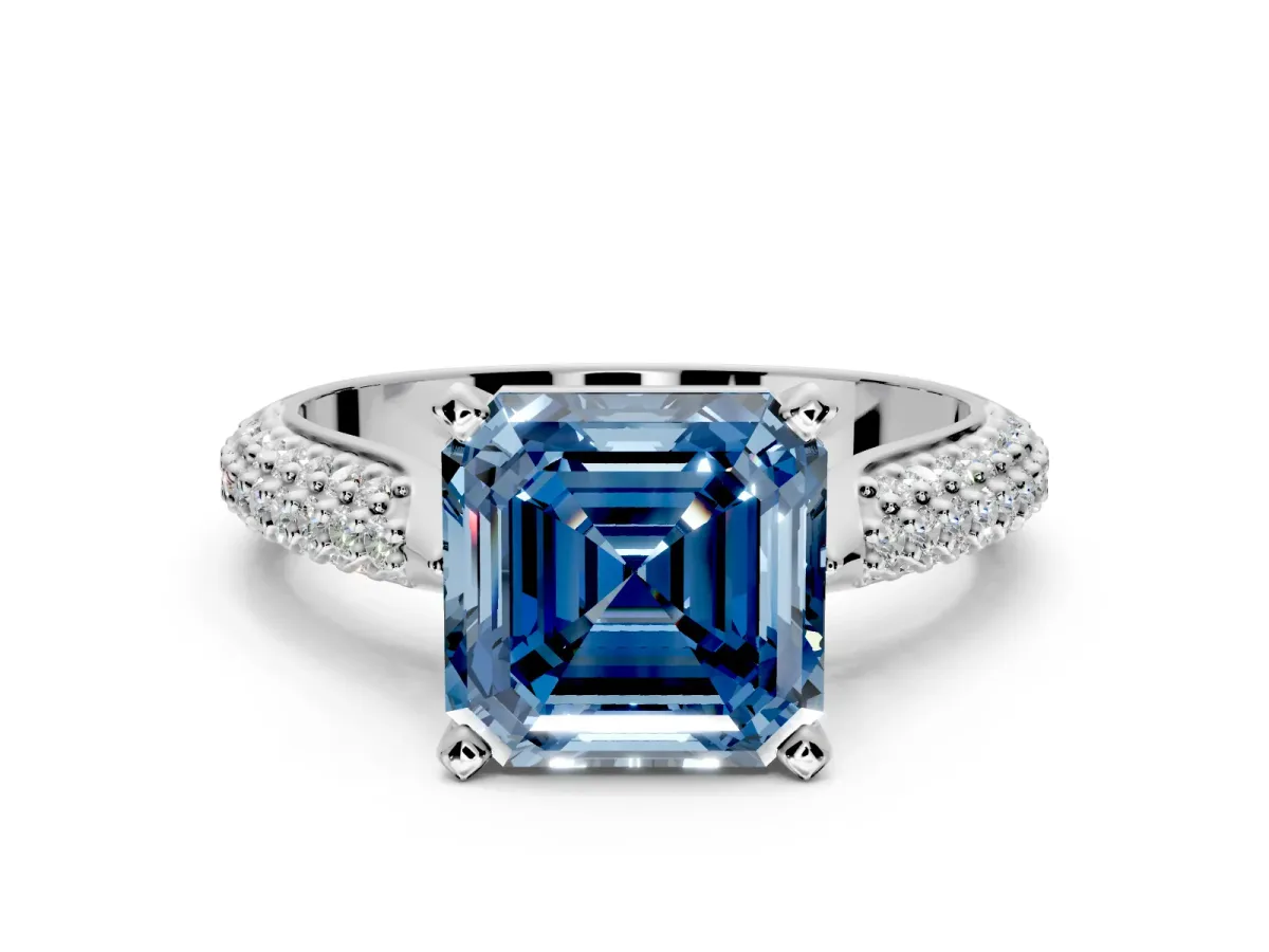 Solitaire Engagement Ring Setting for Fancy Blue Asscher Cut Center with Multi-Row Accents and Prong Head in White Gold