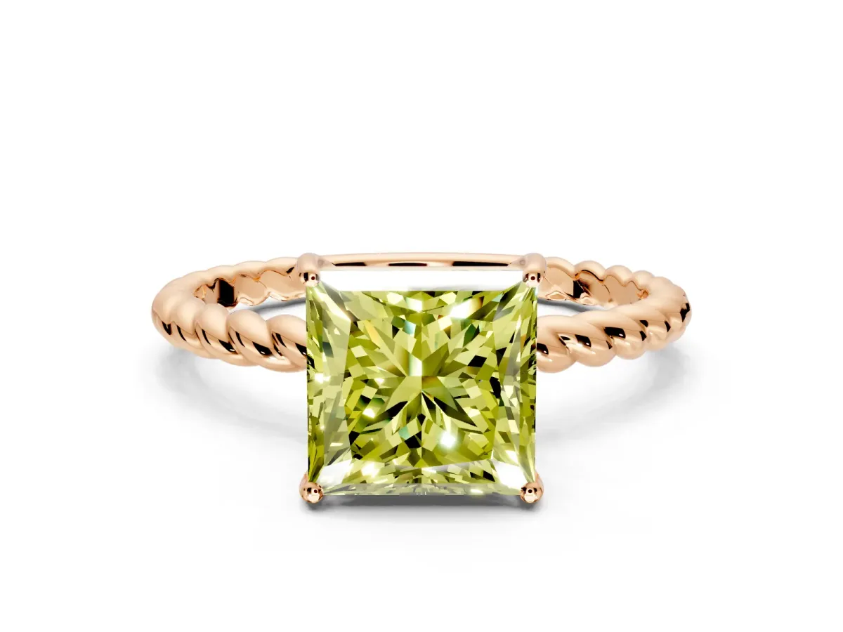 Solitaire Engagement Ring Setting for Fancy Yellow Princess Cut Center with Plain Twisted Rope Band and Prong Head in Rose Gold