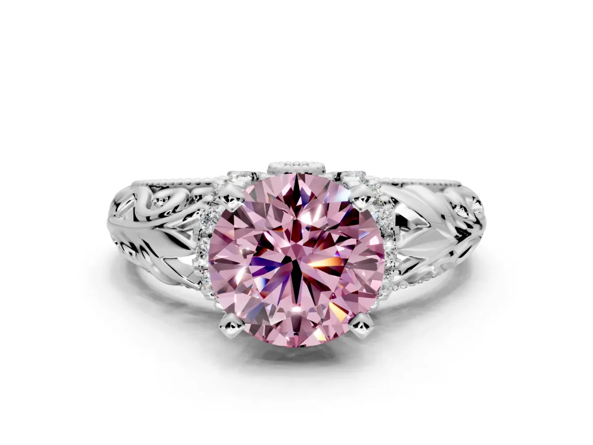 Solitaire Engagement Ring Setting for Fancy Pink Round Cut Center with Filigree Accent Basket and Prong Head in Platinum