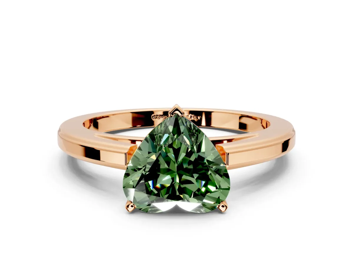 Solitaire Engagement Ring Setting for Fancy Green Heart-Shaped Center with Flat-Sided Plain Band and Prong Head in Rose Gold