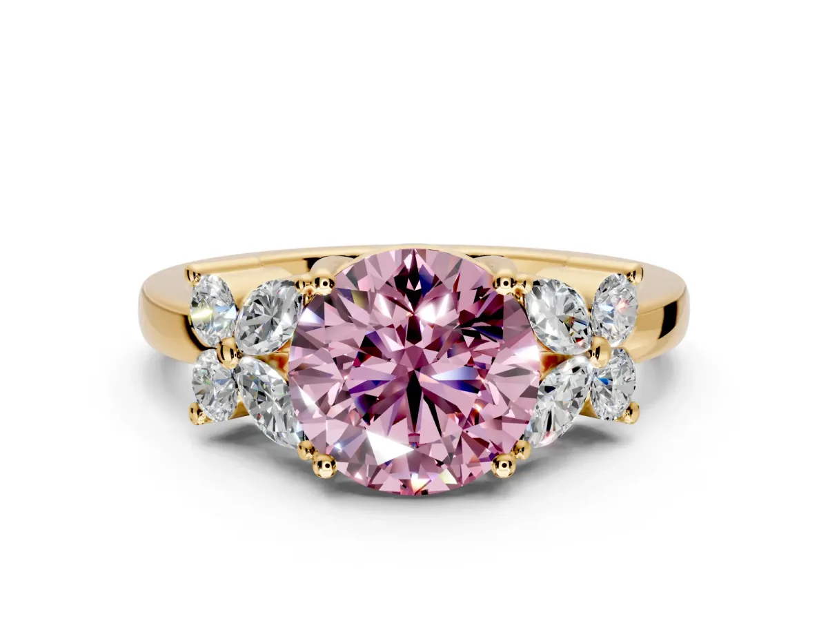Floral Engagement Ring Setting for Fancy Pink Round Cut Center with Marquise Cluster Shoulders and Prong Head in Yellow Gold