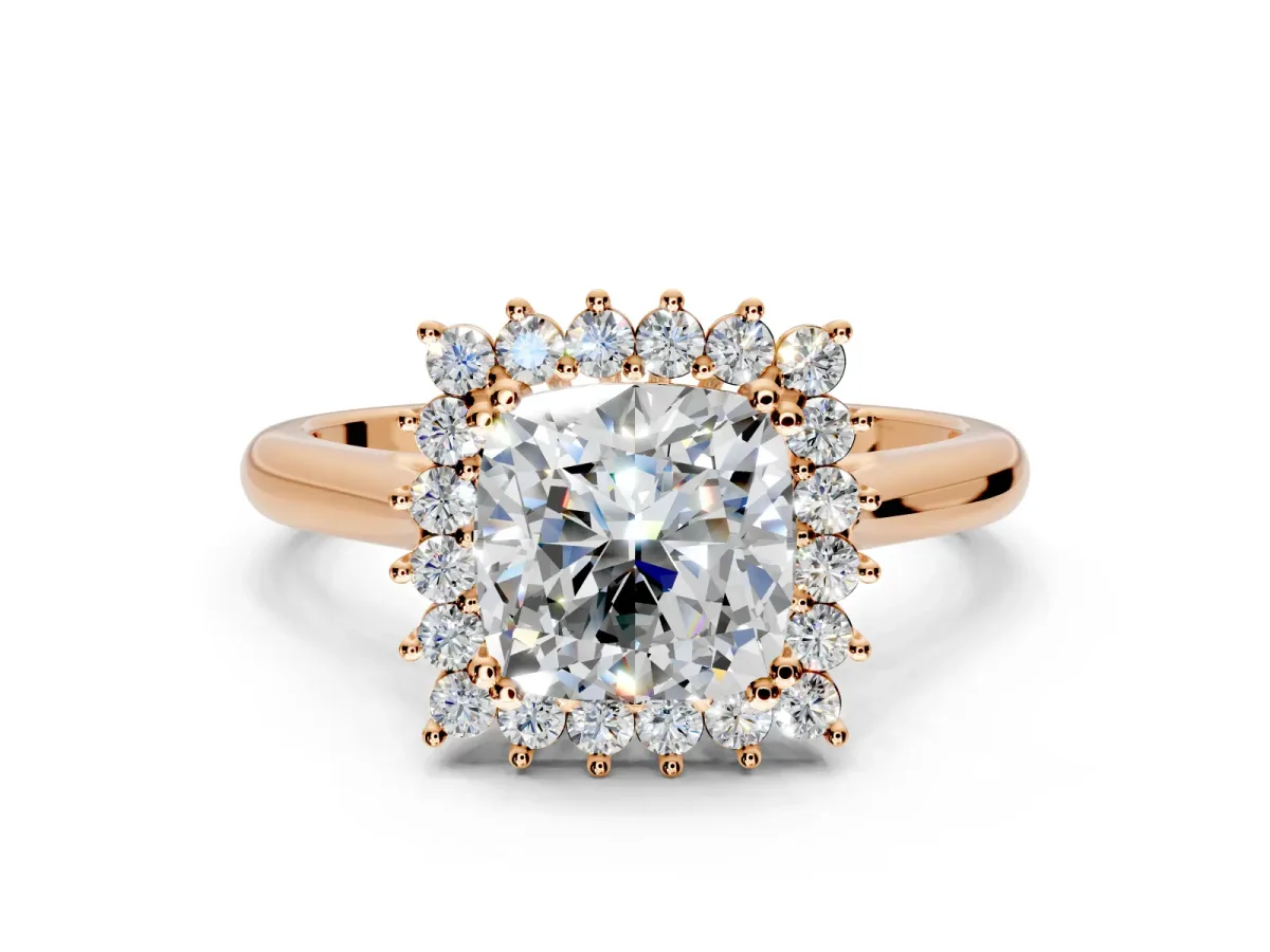 Starburst Halo Engagement Ring Setting for Cushion Cut Center with Thin Round-Wire Band and Prong Head in Rose Gold