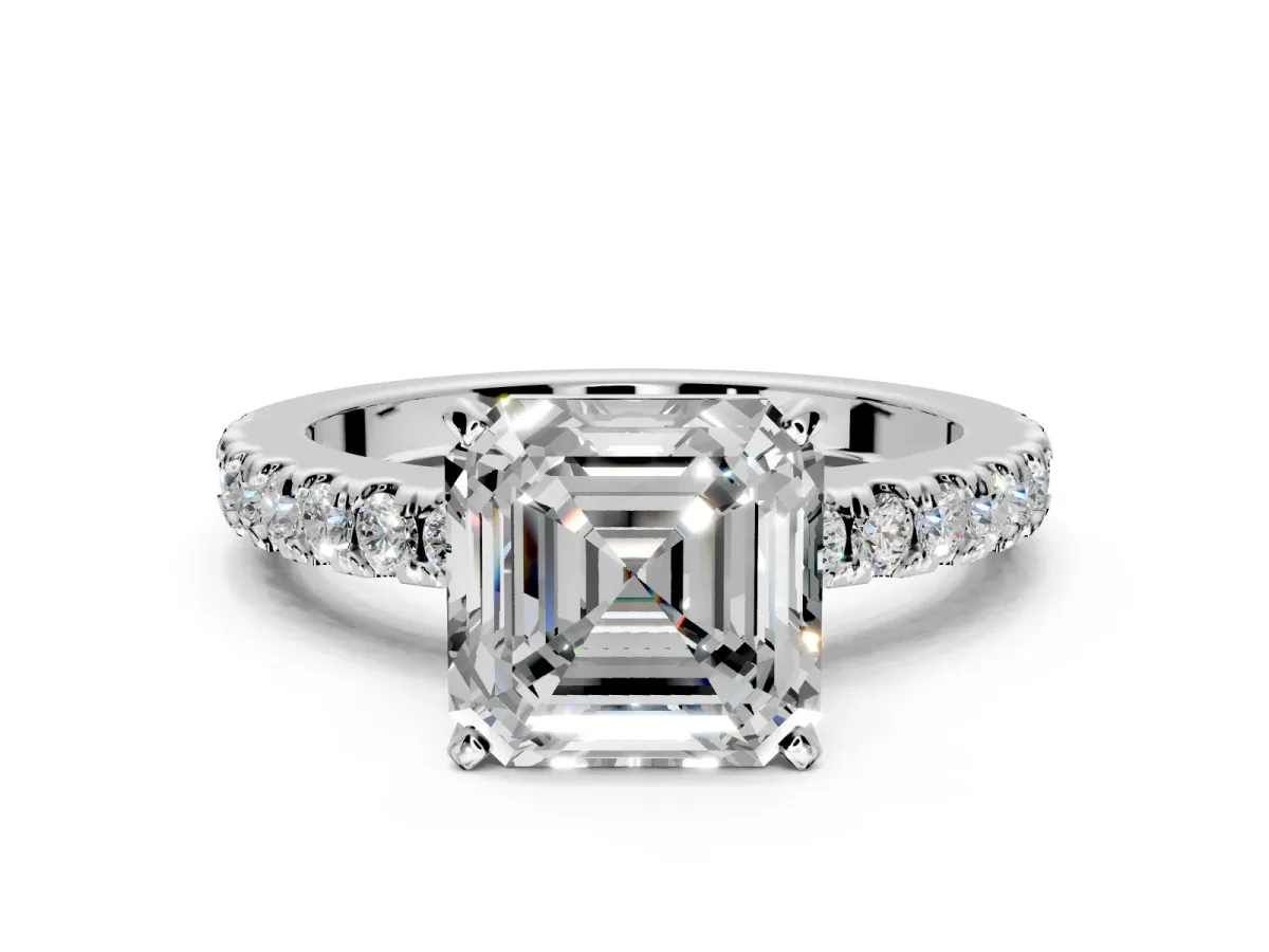 Solitaire Engagement Ring Setting for Asscher Cut Center with Single Row Accent Band and Prong Head in Sterling Silver
