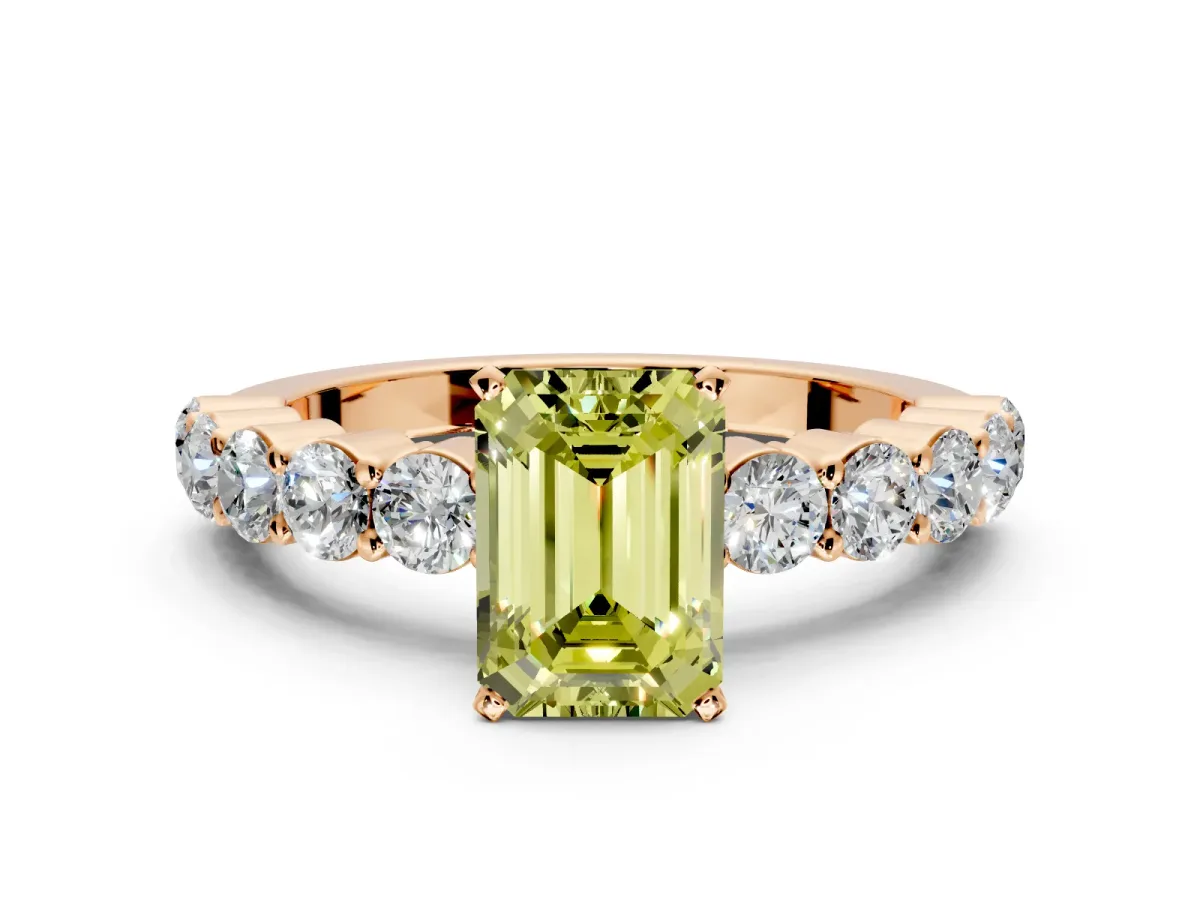 Shared-Prong Engagement Ring Setting for Fancy Yellow Emerald Cut Center with Graduated Accents and Prong Head in Rose Gold