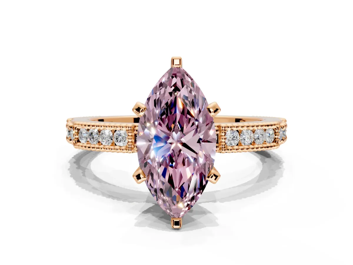 Solitaire Engagement Ring Setting for Fancy Pink Marquise Center with Milgrain-Edged Pave Band and Prong Head in Rose Gold