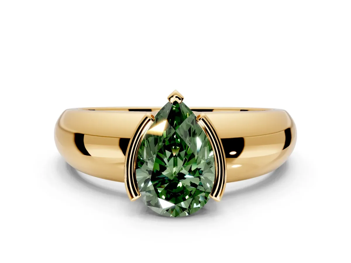 Tension Engagement Ring Setting for Fancy Green Pear-Shaped Center with Wide Flat Band and Tension Head in Yellow Gold