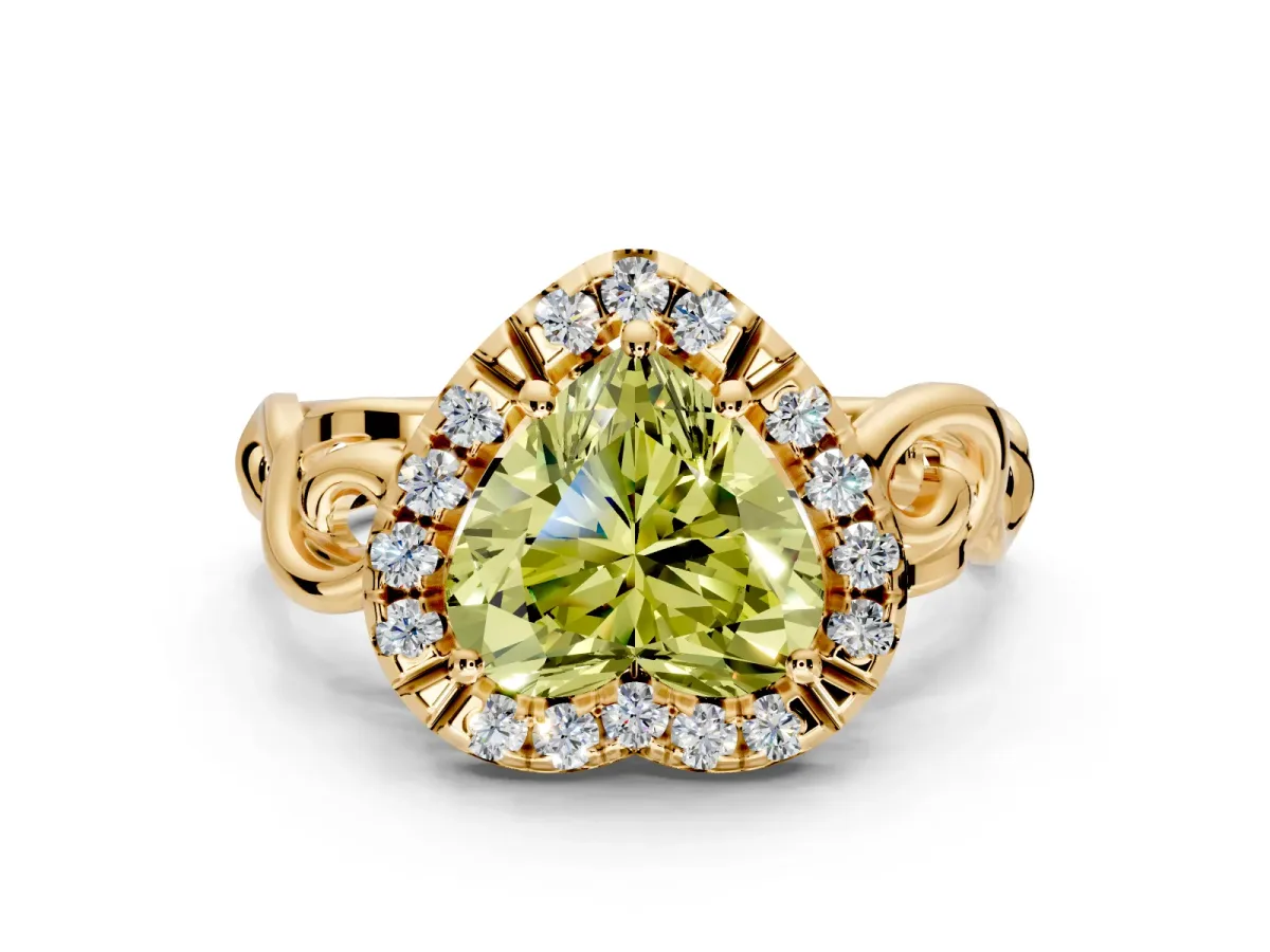 Halo Engagement Ring Setting for Fancy Yellow Heart-Shaped Center with Open Scroll Shoulders and Prong Head in Yellow Gold