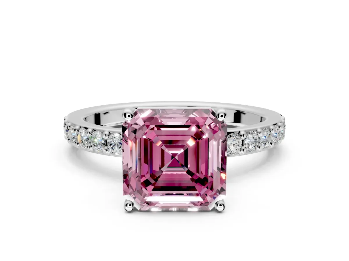 Solitaire Engagement Ring Setting for Fancy Pink Asscher Cut Center with Round Cut Pave Band and Prong Head in Sterling Silver