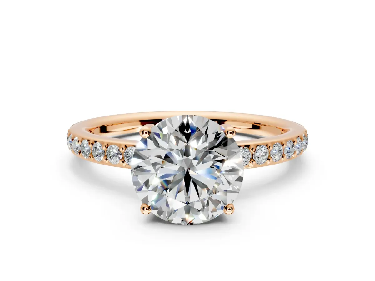 Solitaire Engagement Ring Setting for Round Cut Center with Fine Pave Band and Prong Head in Rose Gold