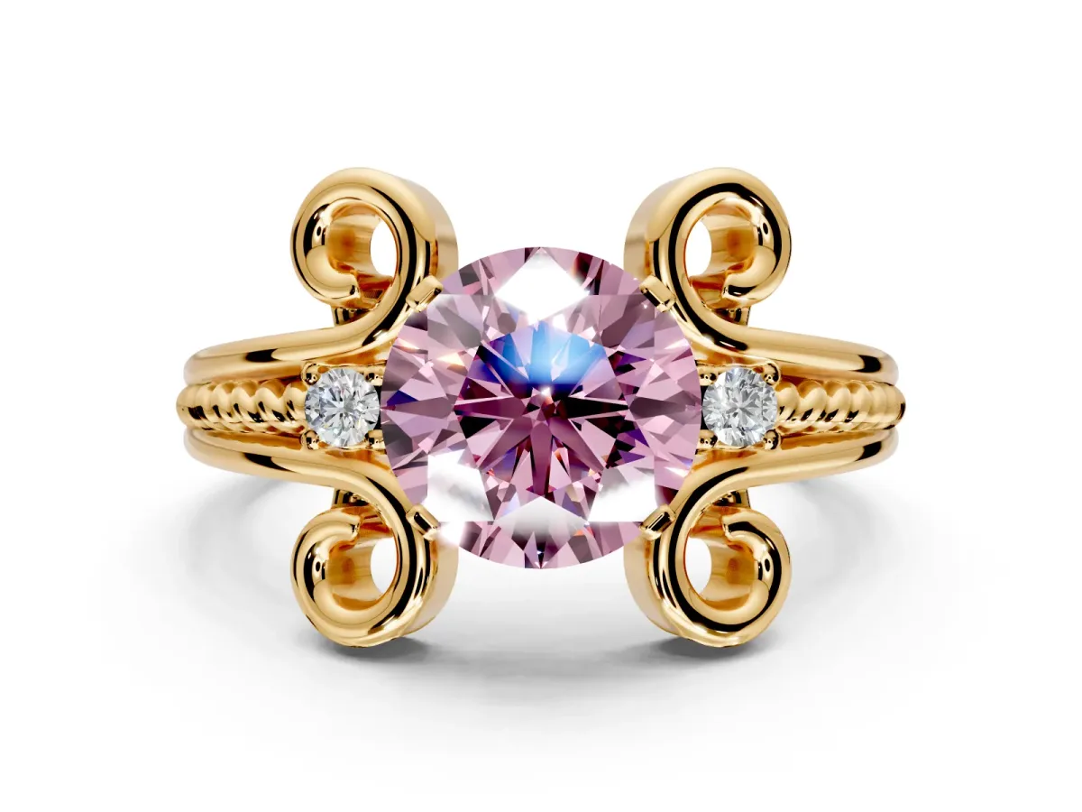 Solitaire Engagement Ring Setting for Fancy Pink Round Cut Center with Twisted Band and Scroll Prong Head in Yellow Gold