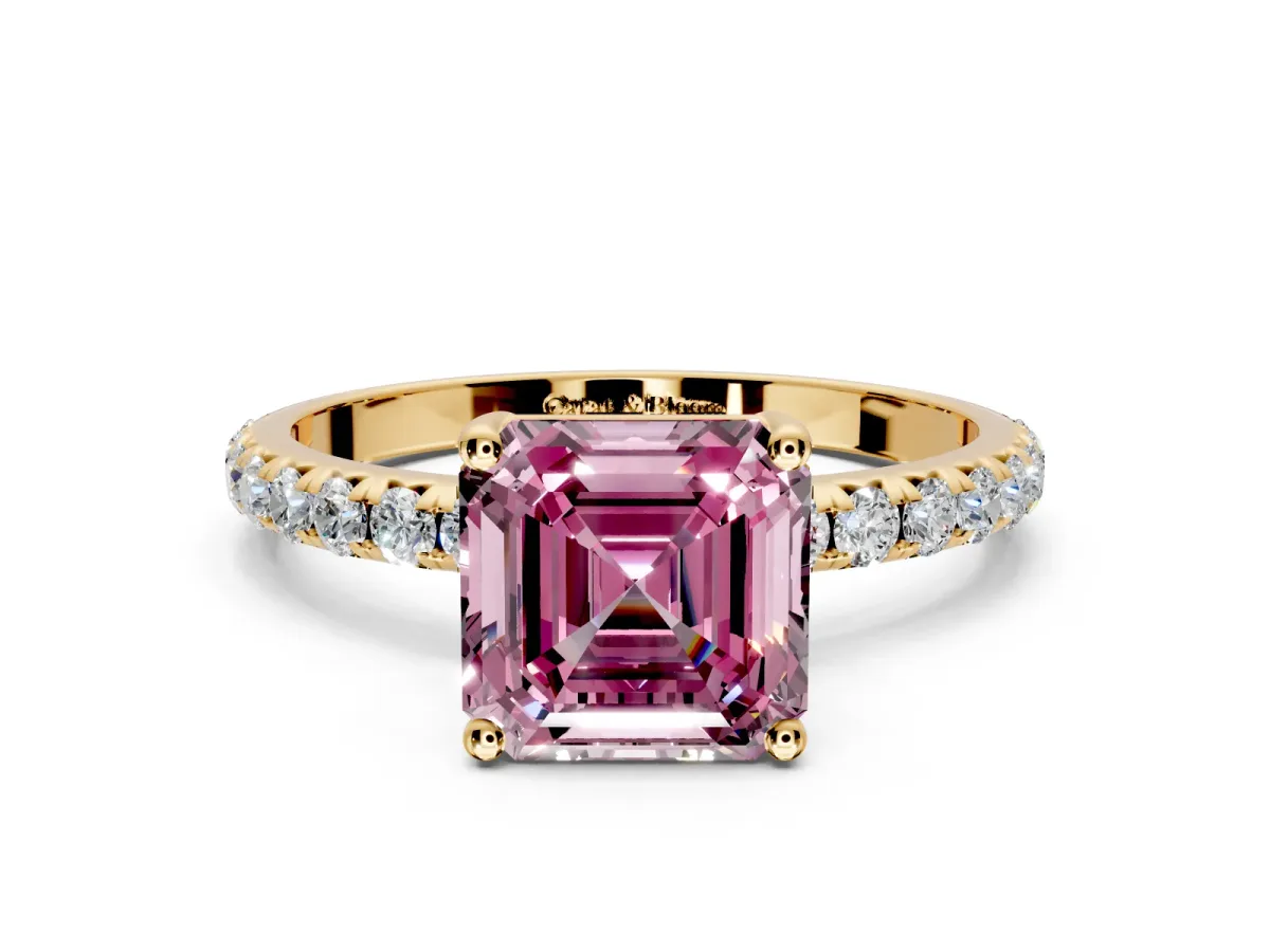 Solitaire Engagement Ring Setting for Fancy Pink Asscher Cut Center with Micro Pave Band and Prong Head in Yellow Gold