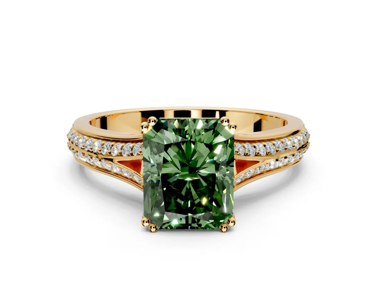 Solitaire Engagement Ring Setting for Fancy Green Radiant Cut Center with Pave Rail Split Shank and Prong Head in Yellow Gold