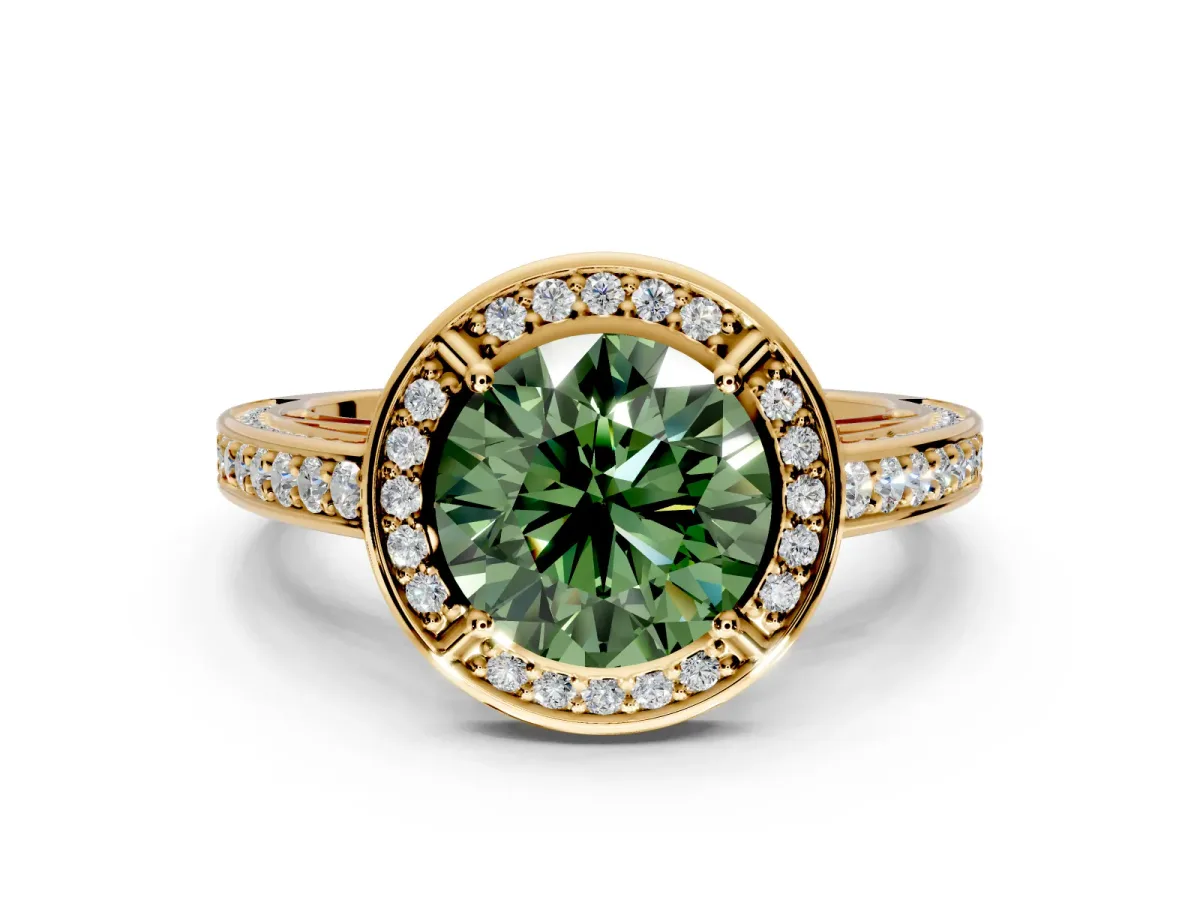 Halo Engagement Ring Setting for Fancy Green Round Cut Center with Framed Halo, Pave Band and Prong Head in Yellow Gold
