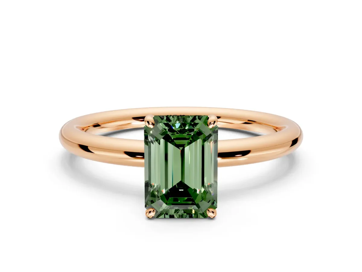 Low-Set Solitaire Engagement Ring Setting for Fancy Green Emerald Cut Center with Thin Plain Band and Prong Head in Rose Gold