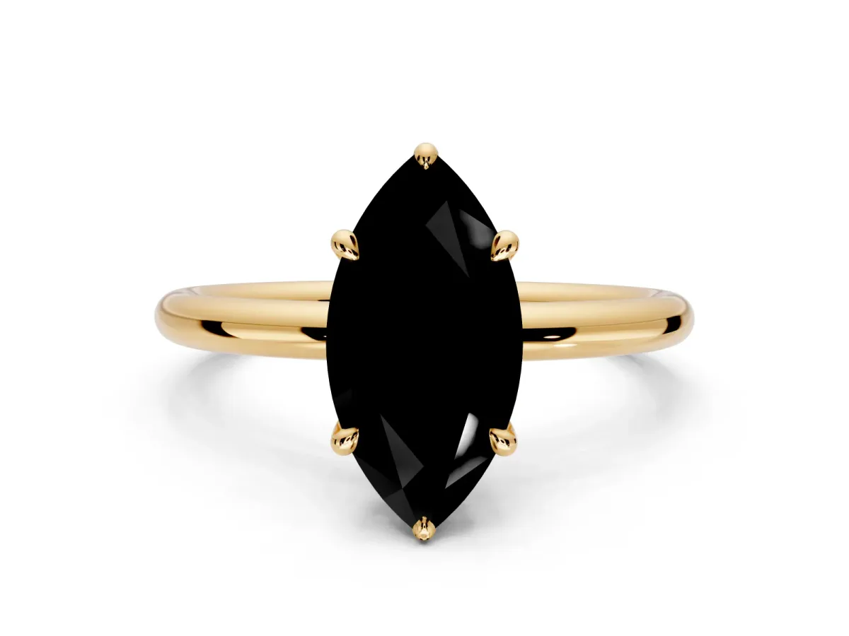Hidden Halo Engagement Ring Setting for Fancy Black Marquise Center with Thin Rounded Band and Prong Head in Yellow Gold