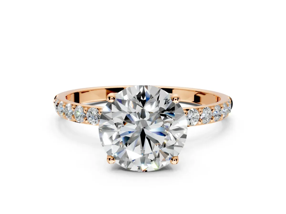 Solitaire Engagement Ring Setting for Round Cut Center with Fine Pave Accents and Prong Head in Rose Gold