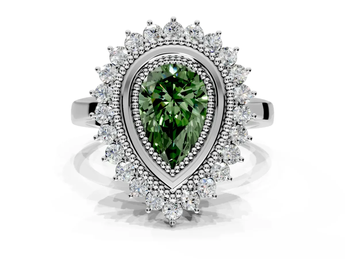 Halo Engagement Ring Setting for Fancy Green Pear-Shaped Center with Milgrain Bezel Rim, Plain Band and Prong Head in Sterling Silver
