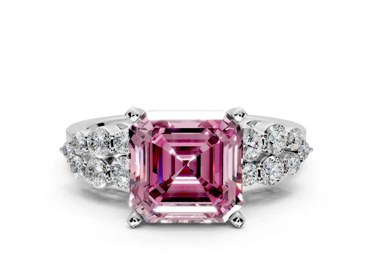 Cluster Engagement Ring Setting for Fancy Pink Asscher Cut Center with 2-Row Shoulder Clusters and Prong Head in Platinum