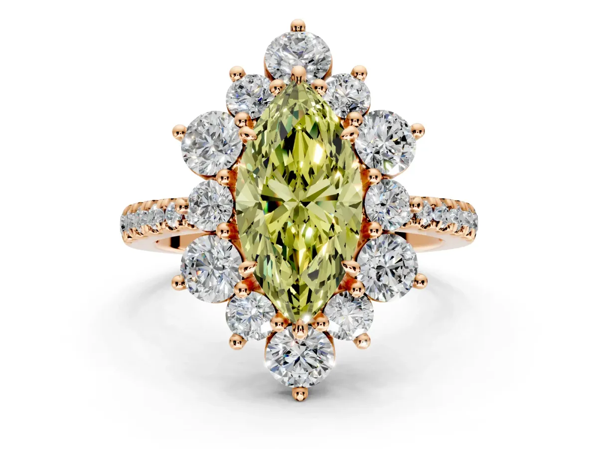 Floral Halo Engagement Ring Setting for Fancy Yellow Marquise Center with Pave Accents and Prong Head in Rose Gold