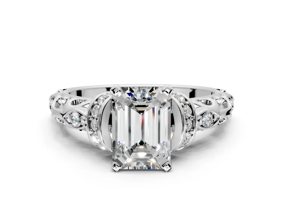 Solitaire Engagement Ring Setting for Emerald Cut Center with Filigree Band and Prong Head in Platinum