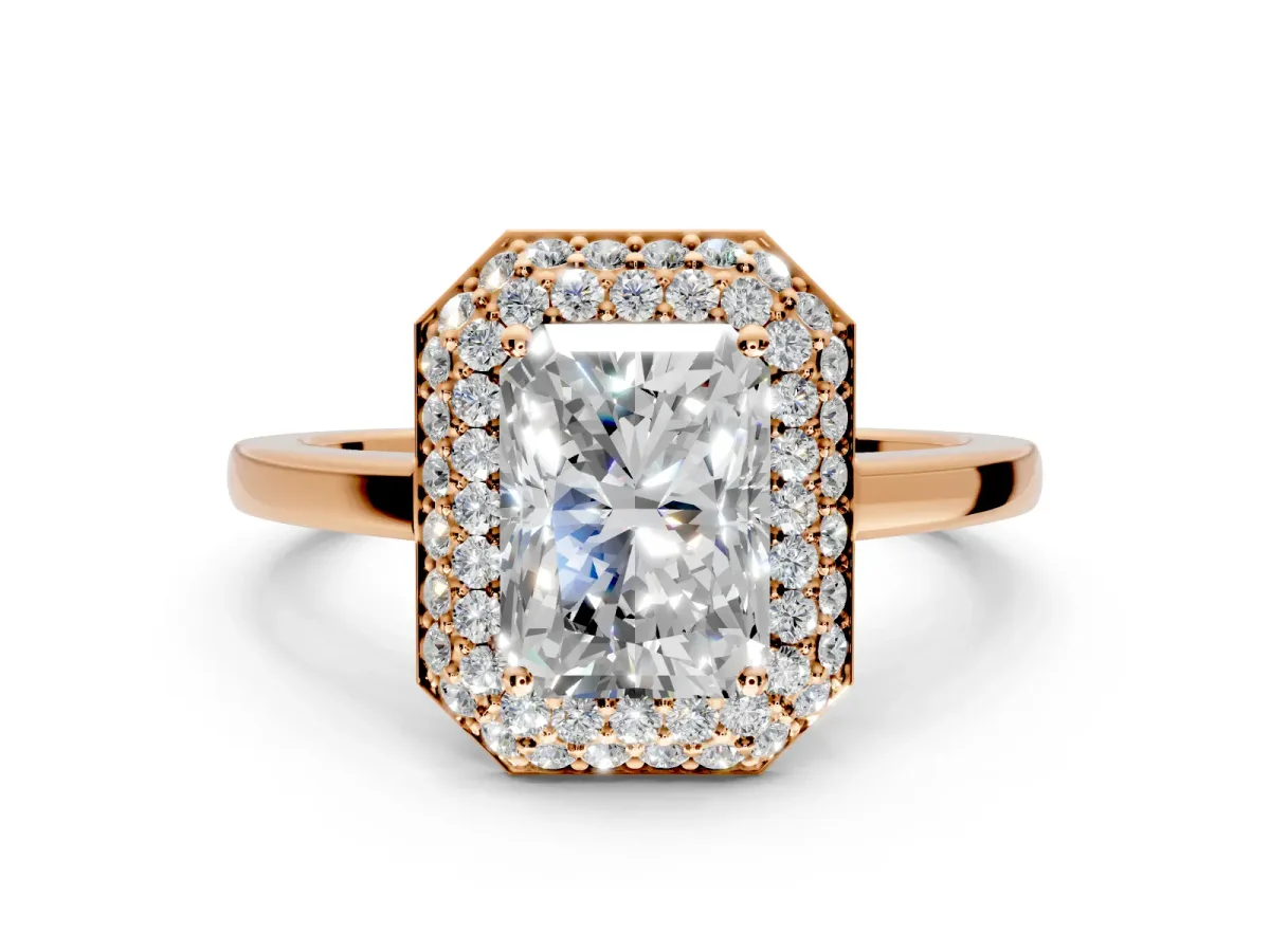 Halo Engagement Ring Setting for Radiant Cut Center with Plain Tapered Band and Prong Head in Rose Gold