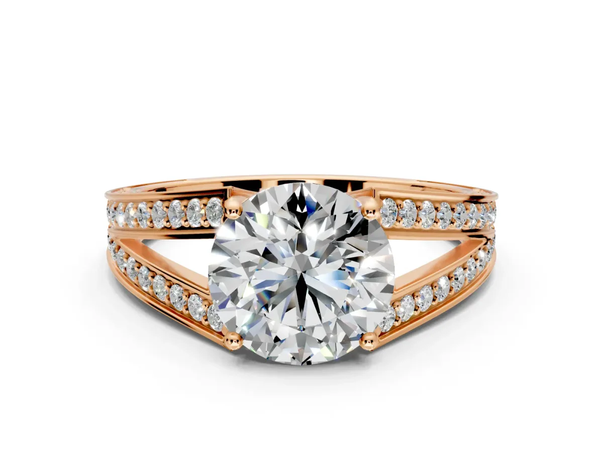Split Shank Engagement Ring Setting for Round Cut Center with Pave Split Shank and Prong Head in Rose Gold