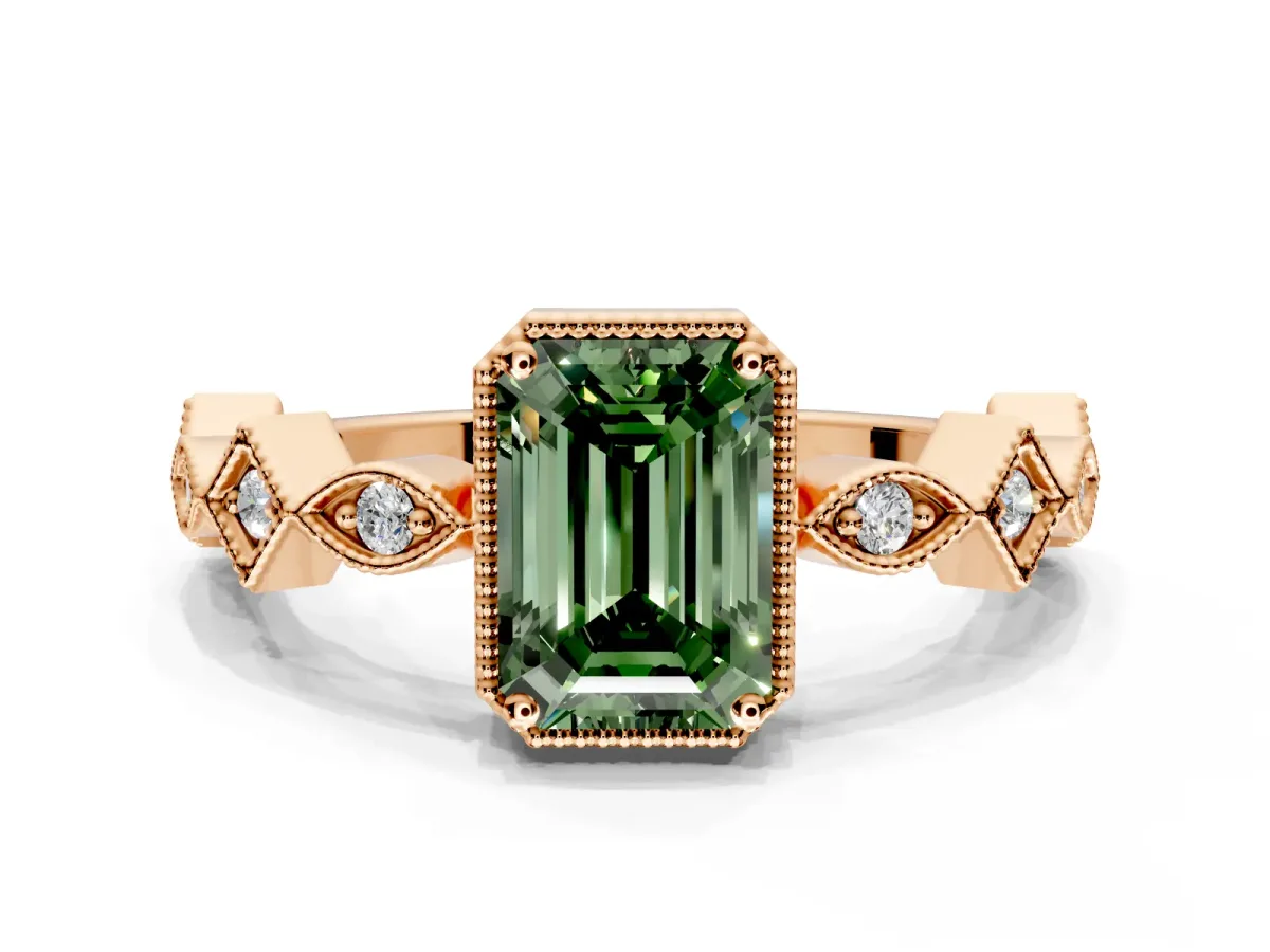 Milgrain Bezel Engagement Ring Setting for Fancy Green Emerald Cut Center with Marquise Stations and Bezel Head in Rose Gold