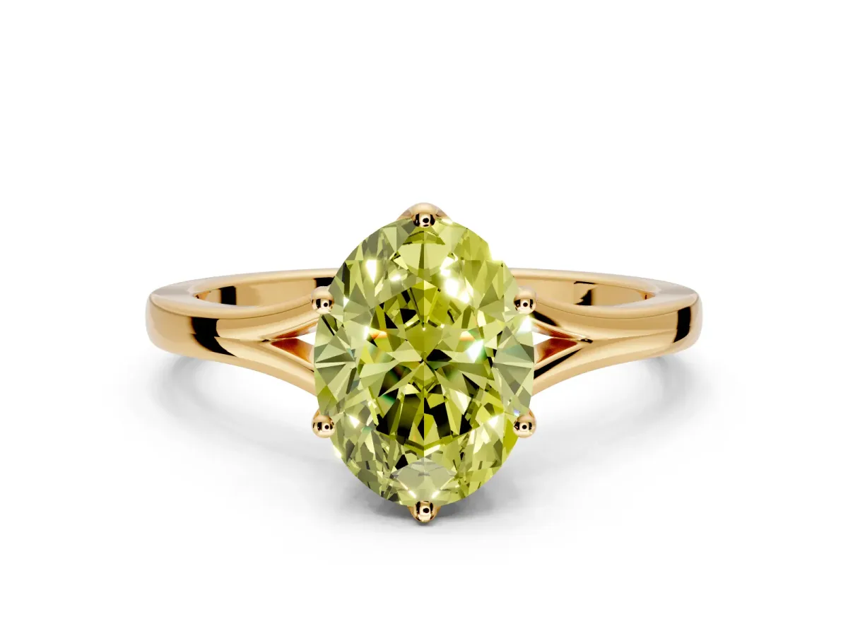 Solitaire Engagement Ring Setting for Fancy Yellow Oval Center with Plain Split Shank and Prong Head in Yellow Gold