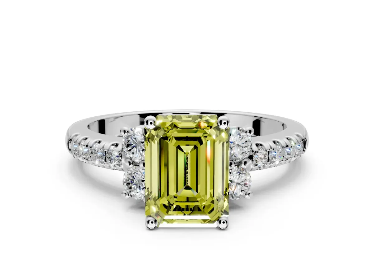 Paired Accent Engagement Ring Setting for Fancy Yellow Emerald Cut Center with Pave Band and Prong Head in Sterling Silver