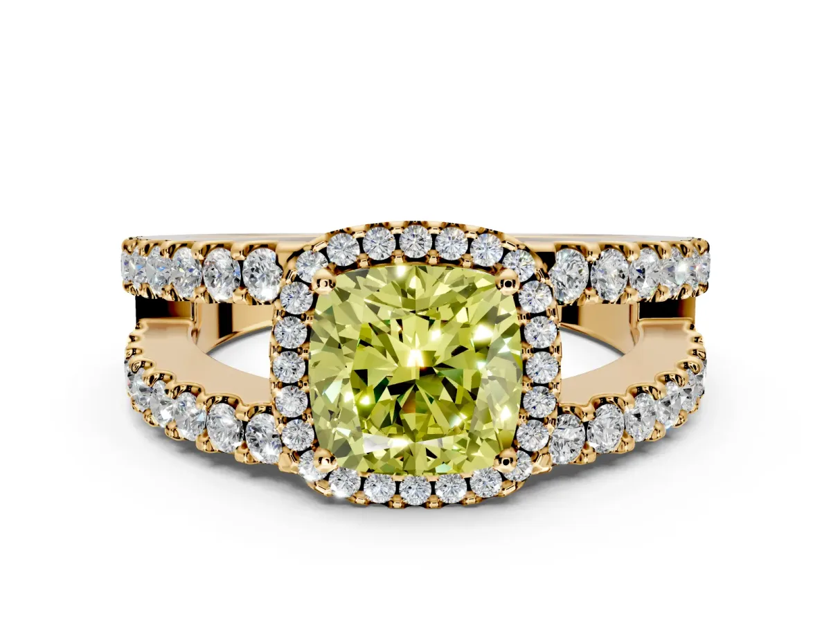 Halo Engagement Ring Setting for Fancy Yellow Cushion Cut Center with Wide-Open Pave Split Shank and Prong Head in Yellow Gold