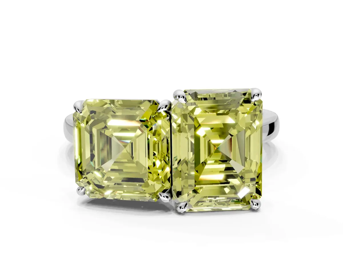 Fancy Yellow Asscher Cut and Emerald Cut Lab-Grown Diamond Toi et Moi Engagement Ring with Prong-Set Stones in Platinum