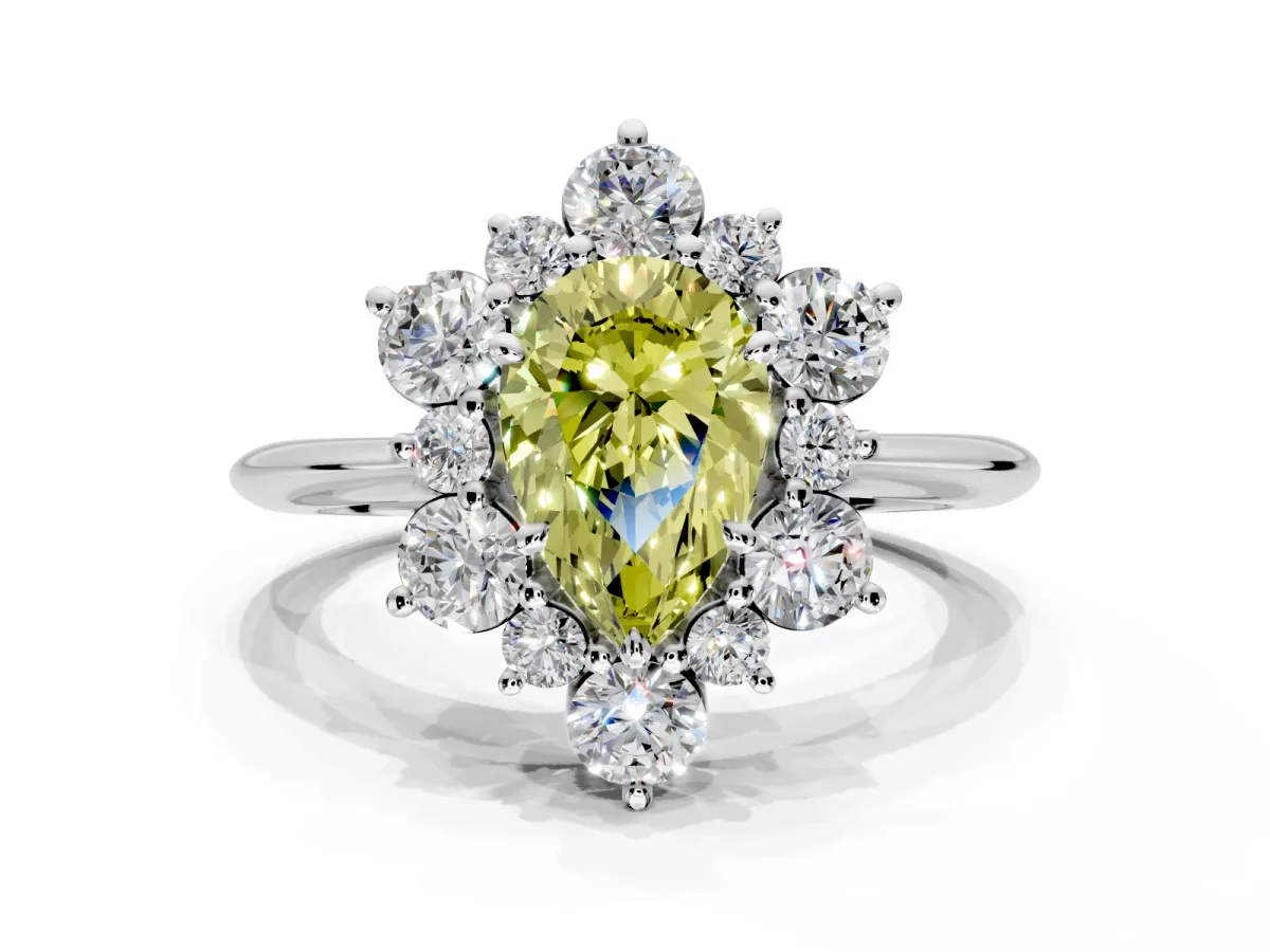 Small-Accent Cluster Halo Engagement Ring Setting for Fancy Yellow Pear-Shaped Center with Plain Band and Prong Head in Sterling Silver