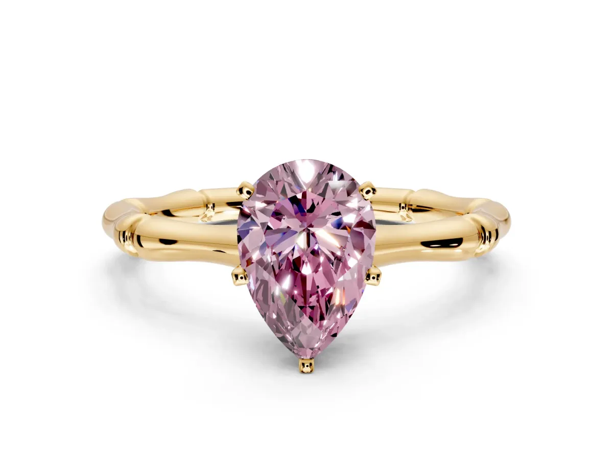 Solitaire Engagement Ring Setting for Fancy Pink Pear-Shaped Center with Bamboo Band and Prong Head in Yellow Gold