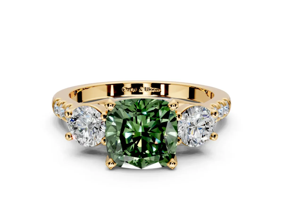 3 Stone Engagement Ring Setting for Fancy Green Cushion Cut Center with Crossover Basket, Pave Band and Prong Head in Yellow Gold
