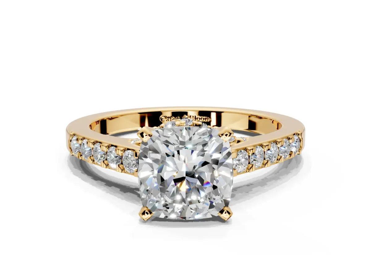 Solitaire Engagement Ring Setting for Cushion Cut Center with Crossover Accents and Prong Head in Yellow Gold