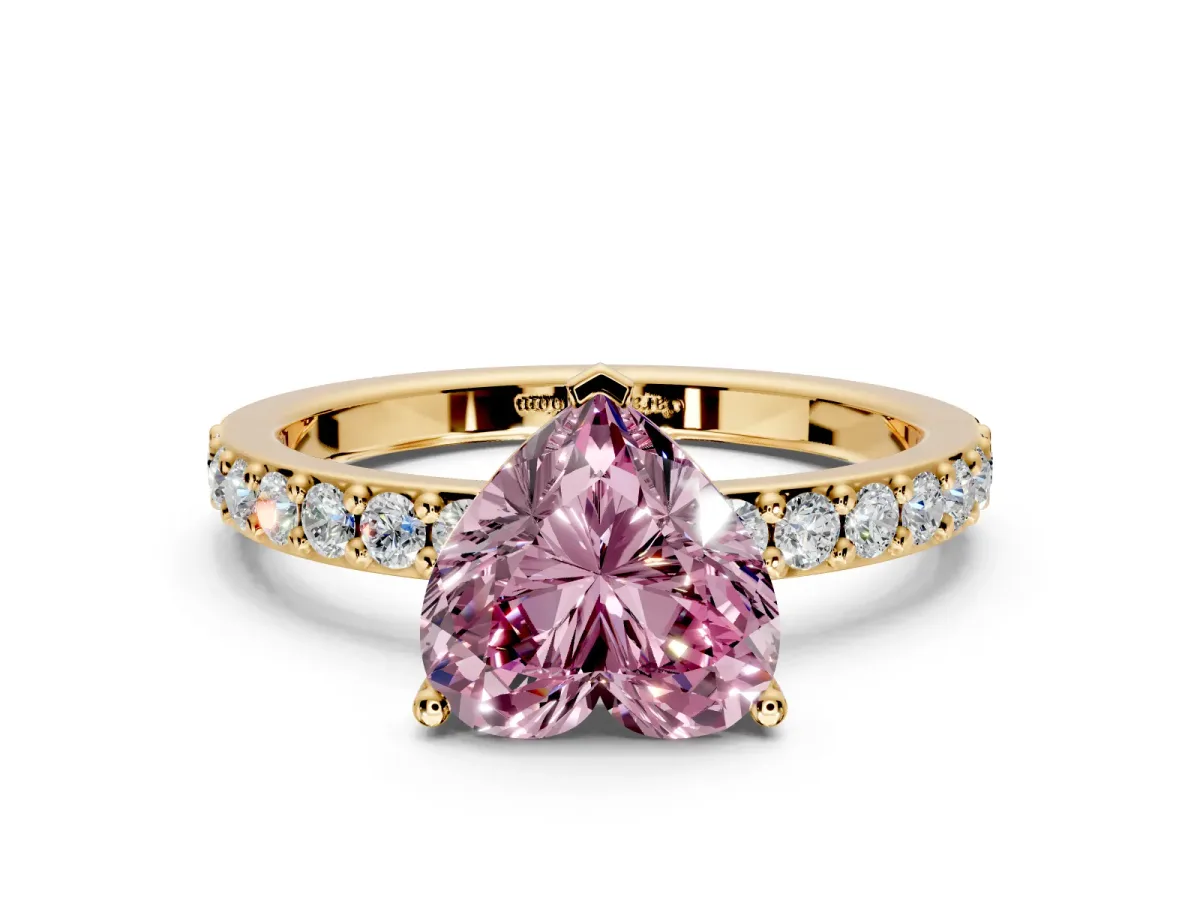 Solitaire Engagement Ring Setting for Fancy Pink Heart-Shaped Center with Round Cut Pave Band and Prong Head in Yellow Gold