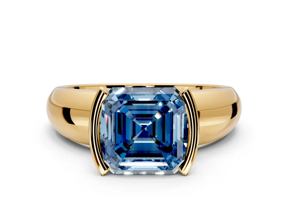 Tension Engagement Ring Setting for Fancy Blue Asscher Cut Center with Wide Flat Band and Tension Head in Yellow Gold