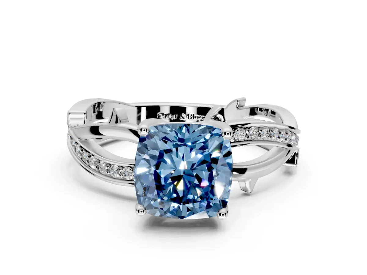 Solitaire Engagement Ring Setting for Fancy Blue Cushion Cut Center with Pave and Plain Crossover Band and Prong Head in Sterling Silver